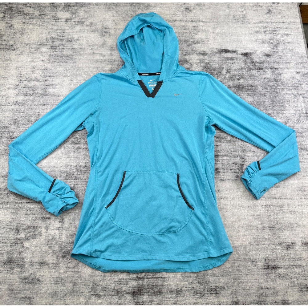 Nike Running Dri-FIT Hoodie Blue Long Sleeve Ruched Thumbhole Pullover Womens L